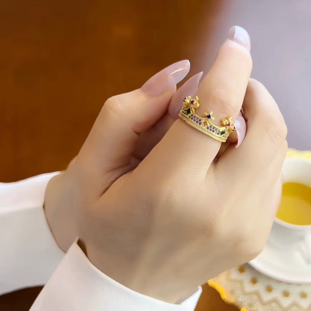 Royal Ring Queen Crown Gold,Europe Style Pure 925 Sterling Silver Fine Jewerly for Women Summer Brand New Majestic Design Gift