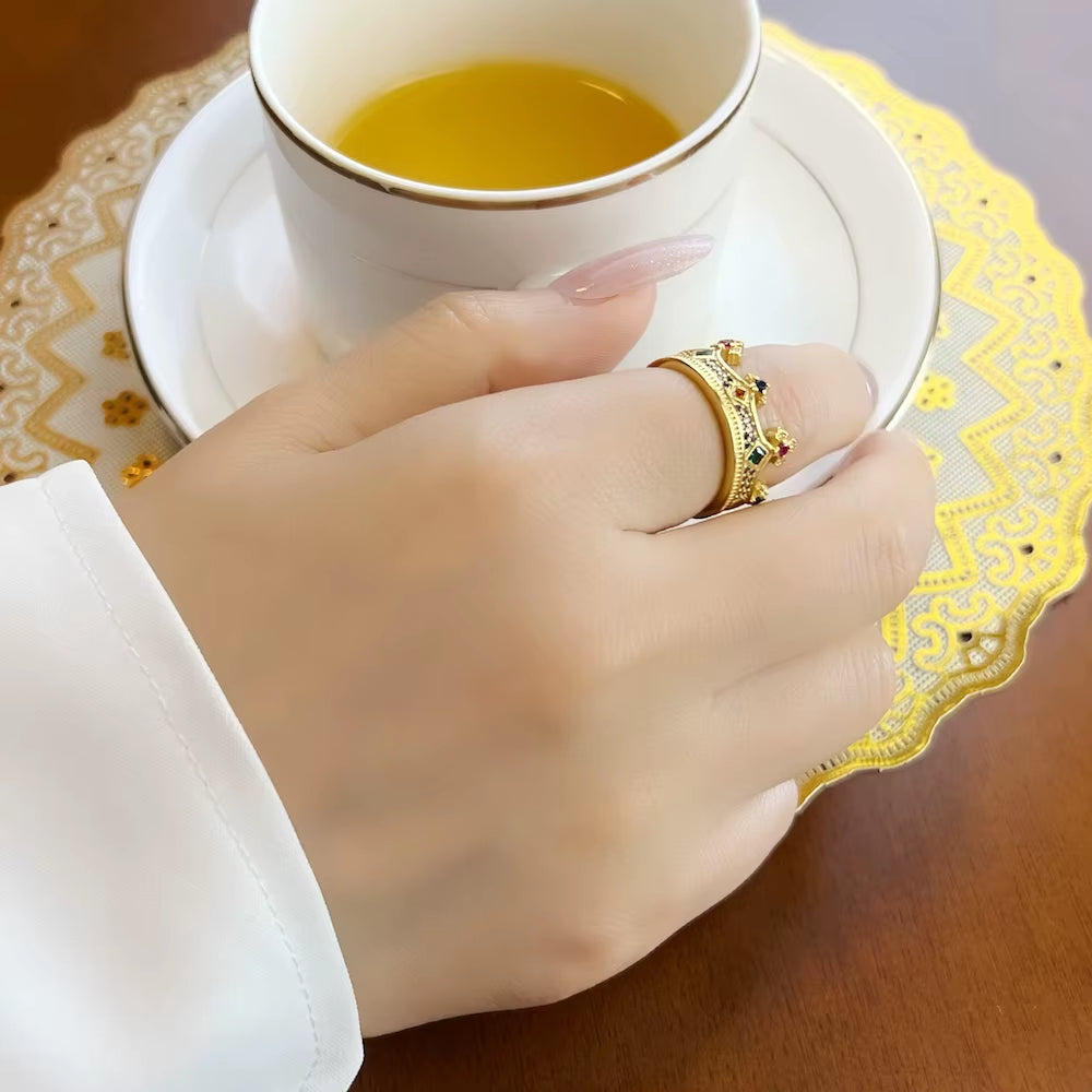 Royal Ring Queen Crown Gold,Europe Style Pure 925 Sterling Silver Fine Jewerly for Women Summer Brand New Majestic Design Gift