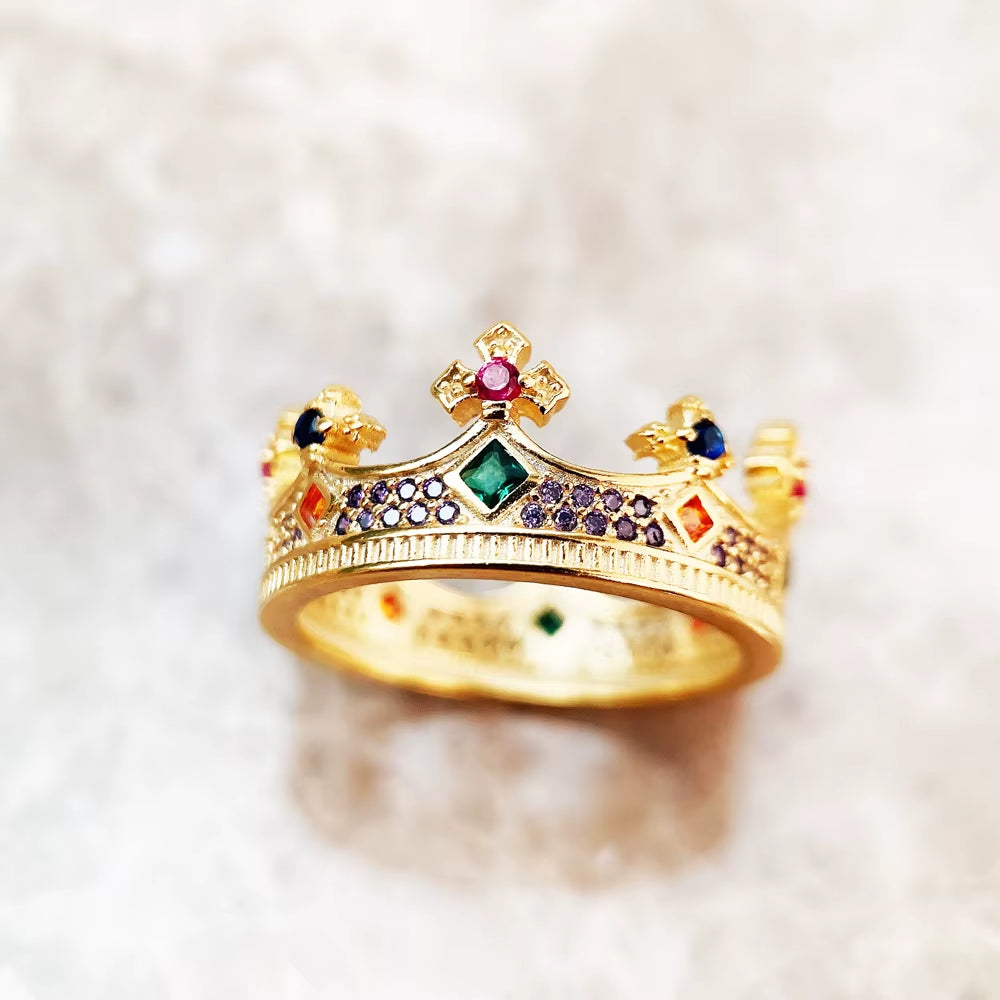Royal Ring Queen Crown Gold,Europe Style Pure 925 Sterling Silver Fine Jewerly for Women Summer Brand New Majestic Design Gift