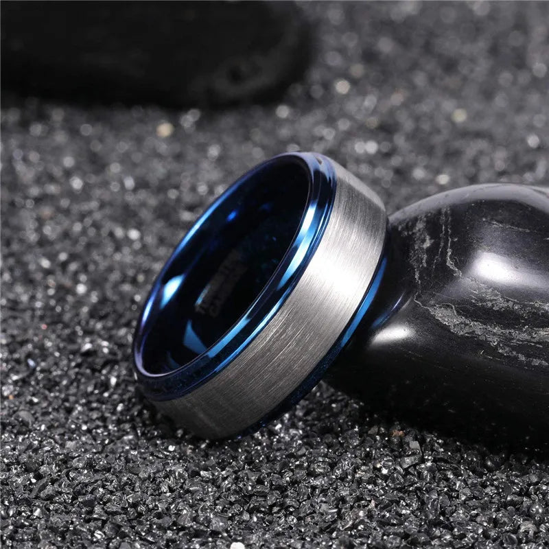 Tungsten Carbide Men Wedding Rings 8Mm Rose Gold/Blue/Black with Silver Brushed Color Joyas Para Hombre Bague Phalange