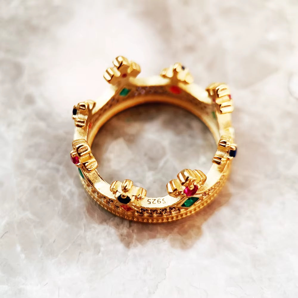 Royal Ring Queen Crown Gold,Europe Style Pure 925 Sterling Silver Fine Jewerly for Women Summer Brand New Majestic Design Gift